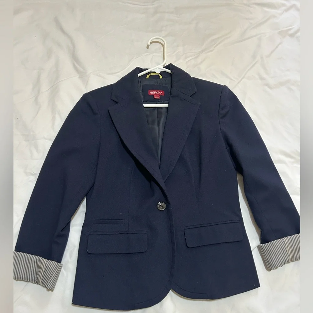 Merona Navy Blazer with Striped Cuffs - Picture 1 of 4